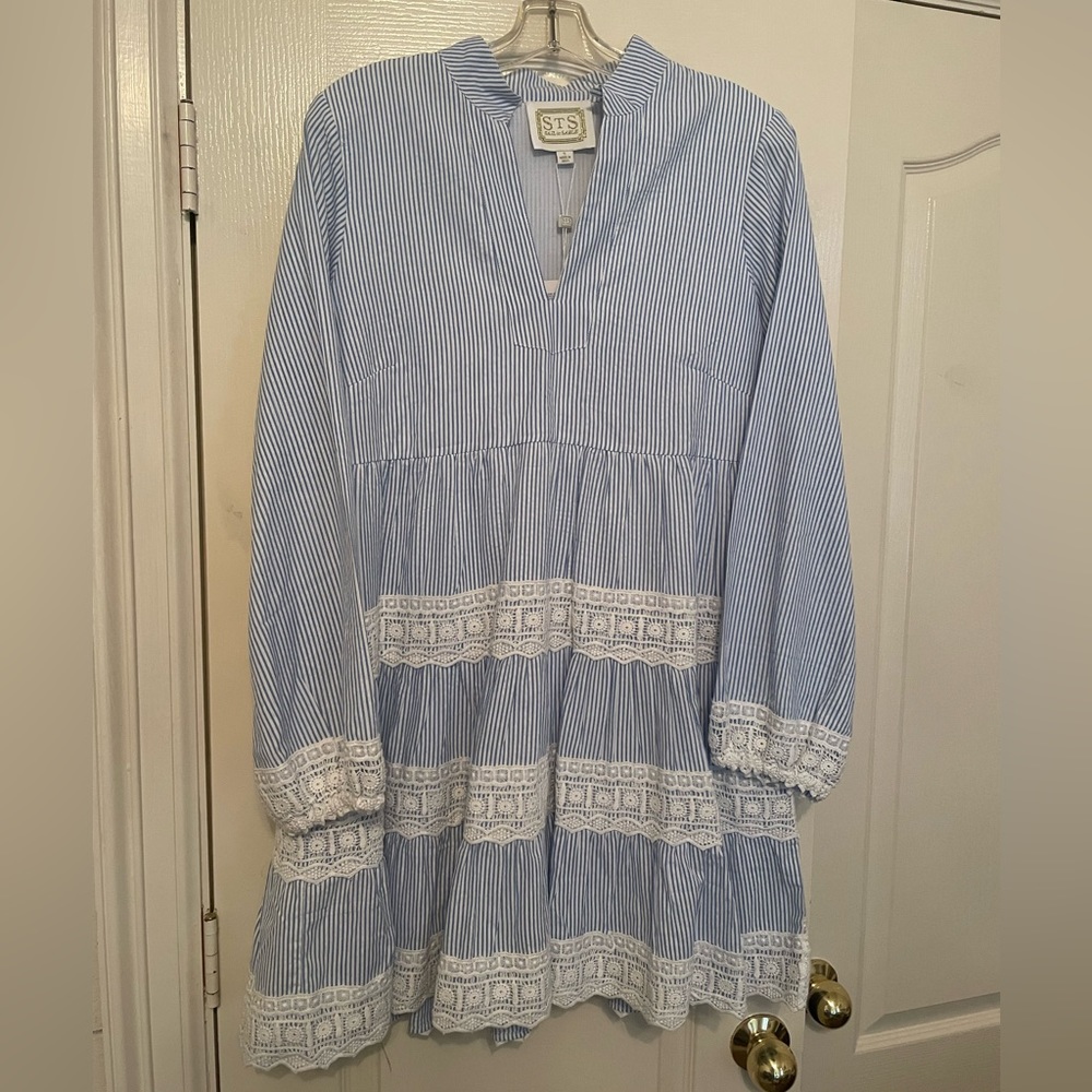 SAIL TO SABLE X STYLE CHARADE Blue Seersucker Charlotte Dress NWT - Picture 4 of 9